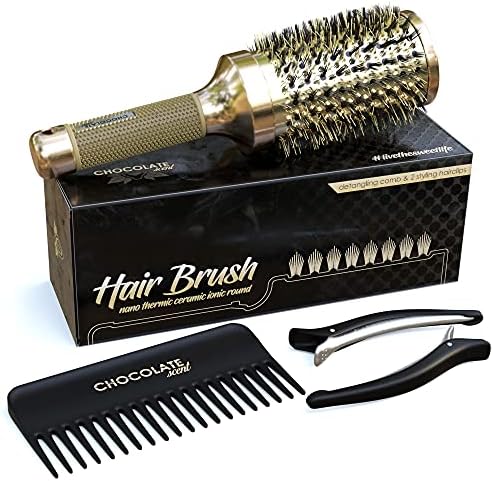 Round Hair Brush and Detangling Comb - Ionic Tech Boar Bristles Round Brush for Blow Drying Wide Tooth Comb for Wet or Dry Hair with Hair Clips Included