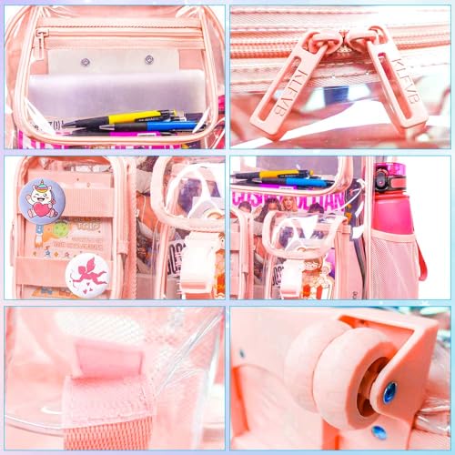 3PCS Clear Backpack Rolling Backpack for Girls, Heavy Duty PVC Transparent Bookbag, See Through School Bags with Wheels for Teens Women Elementary Travel - Pink4