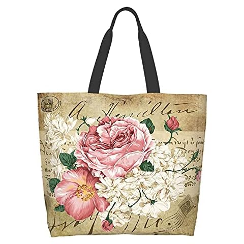 Famame Vintage Rose Floral Canvas Tote Bag Large Women Casual Shoulder Bag Handbag Reusable Multipurpose Shopping Grocery Bag For Outdoor Cover