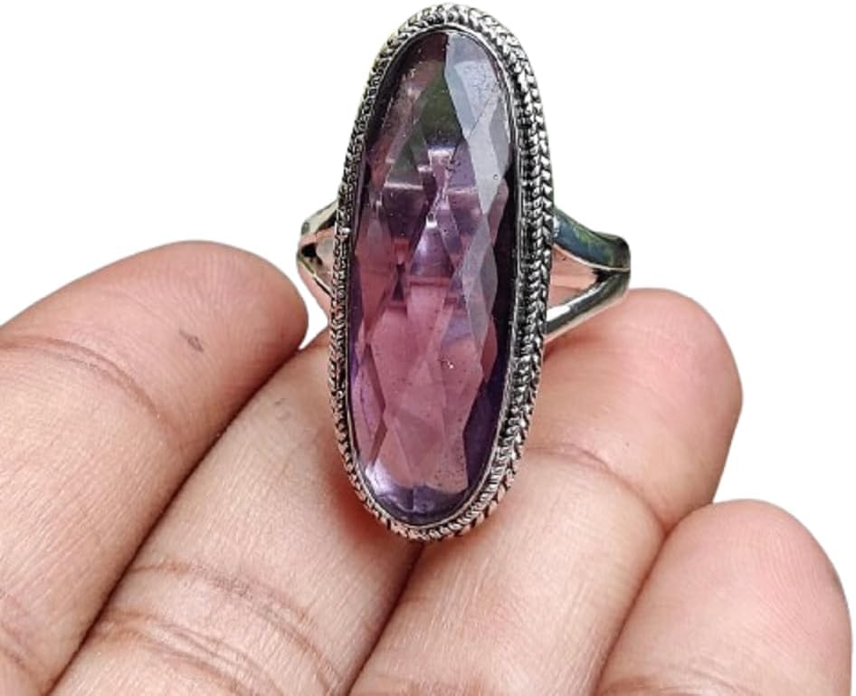 Long Amethyst Quartz Ring, Statement Ring, Genuine Gemstone, Bridal Ring, Bridesmaid Gift Ring 925 Starling Silver Plated Handcrafted Ring Women Gift Ring Wedding Ring Natural Amethyst Quartz Jewelry