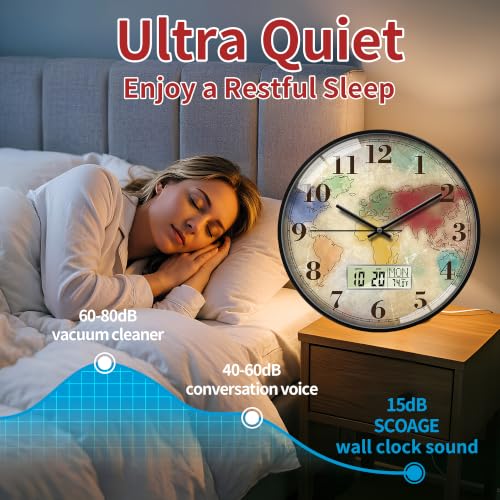 Image of 14'' World Map Wall Clock, Analog Clock with Digital Display | Silent Non-Ticking, Battery Operated, Shows Date Day & Temperature, Decorative for Living Room, Bedroom, Kitchen, Office