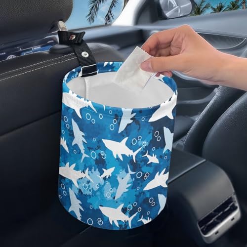 Image of Blue Shark Car Trash Bin Hanging, Waste Basket - Cute, Portable, Collapsible, Waterproof Rubbish Bag for Back Seat, Floor, or Hanging Headrest