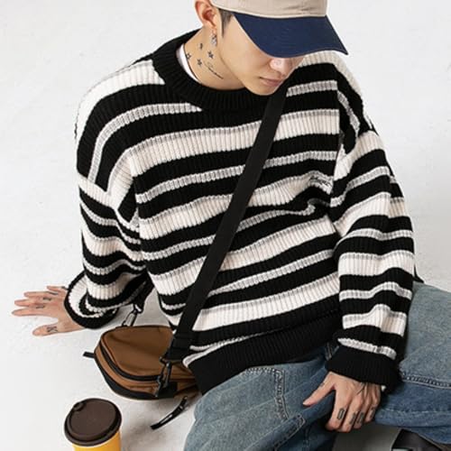 Men's Striped Knitted Sweater Crewneck Long Sleeves Pullover Vintage Soft Textured Knitwear4