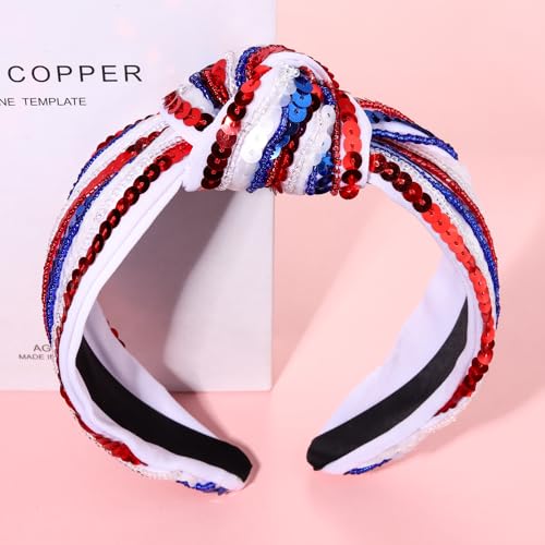 4-th-of-July-Headband-for-Women-Girls-Fourth-of-July-Knotted-Headband-Red-White-and-Blue-Sequin-Beaded-Patriotic-Hairband-American-Flag-USA-Independence-Day-Head-Band-Hair-Accessories-Gifts