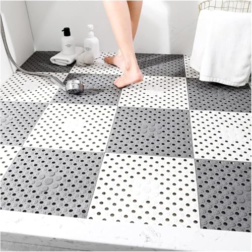 LXXW Drainage Non Slip Mat Bathroom Drainage Anti-Slip Mat Shower Floor Mat Cuttable Swimming Pool Restroom Wet Area Carpet, 11.8x11.8in for Swimming Pool Shower Room(Grey+White,10pcs)