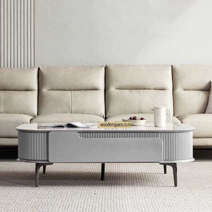 Image of WOODEN SPACE Premium Solo Marble-Top Wooden Center Table for Living Room | Iron Legs | PVD Coating | Modern Entryway Furniture | Coffee Table - 42X24X18 in (Gray)