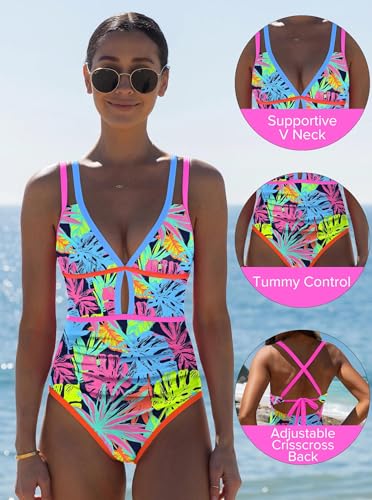 Image of popvil Women One Piece Swimsuit 2026 Tummy Control Sexy Cutout Neon Color Block Bathing Suit Slimming Adjustable Swimwear