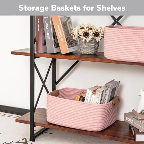 Image of ☆LBY Rectangle Cotton Rope Woven Basket with Handles for Books, Magazines, Toys - Ideal Gift Decorative Basket for Baby Nursery, Living Room (pink, small 10 x 6 x 4 inch)