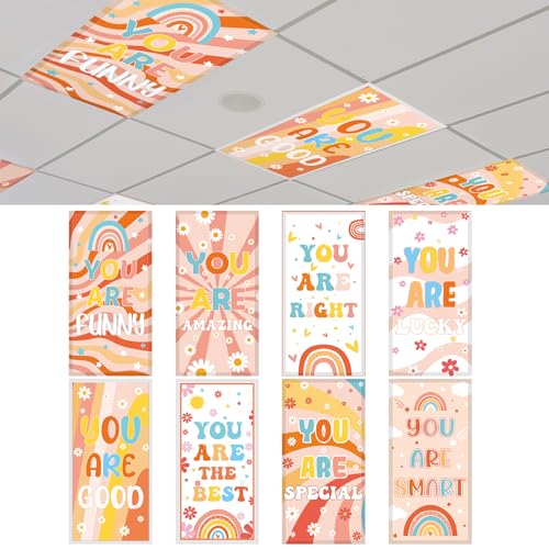 Image of Glooglitter 8 Pcs Fluorescent Light Covers 4 x 2 ft Magnetic Ceiling Light Cover Groovy Retro Motivational Lamp Filters for Classroom School Office Home Drop Decorative (Groovy Style)