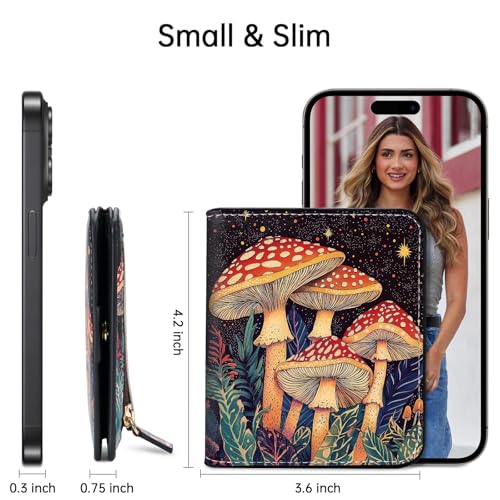 Image of Toughergun Mushroom Night RFID Small Wallet Women, Slim Thin Vegan Leather Bifold Wallet with Zipper Coin Pocket & ID Window, Cute Mini Credit Card Holder Gift for Women Ladies Teen Girls