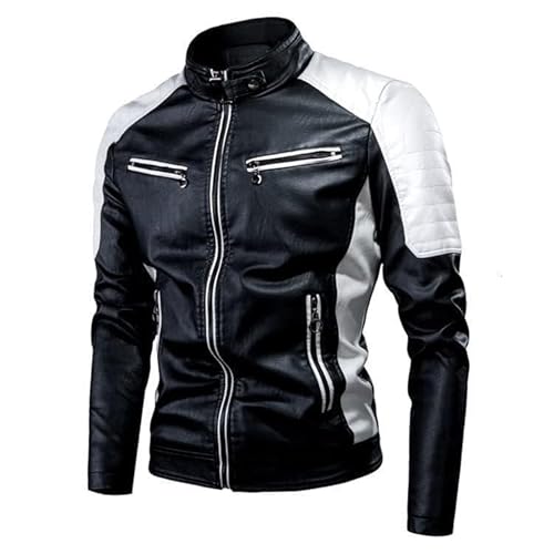 Zaswen Stand Collar Motorcycle Jacket for Men Fashion Long Sleeve Slim Faux Leather Racing Jackets Vintage Full Zip Up Color Block Windproof Motor Biker Outwear Coats with Pockets 4XL