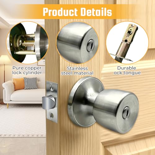 LUMIREX Privacy Door Knobs Lockset, Stainless Steel Spherical Door Knobs for Interior Doors, Entrance, Passage, Key Locking Door Handle with Locks for Bedroom, Bathroom, Office - Image 2