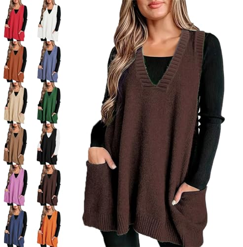 Cozy Pocket Sweater Vest, Solid Color Oversized Sweater Vest, Womens Casual Sleeveless Ribbed V Neck Knit Vest