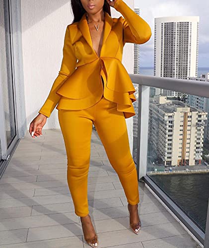 SEMATOMALA Women's Peplum Blazer Pencil Pant Set 2 Piece Casual Elegant Business Suit Solid Ruffle Jacket Bodycon Outfits3