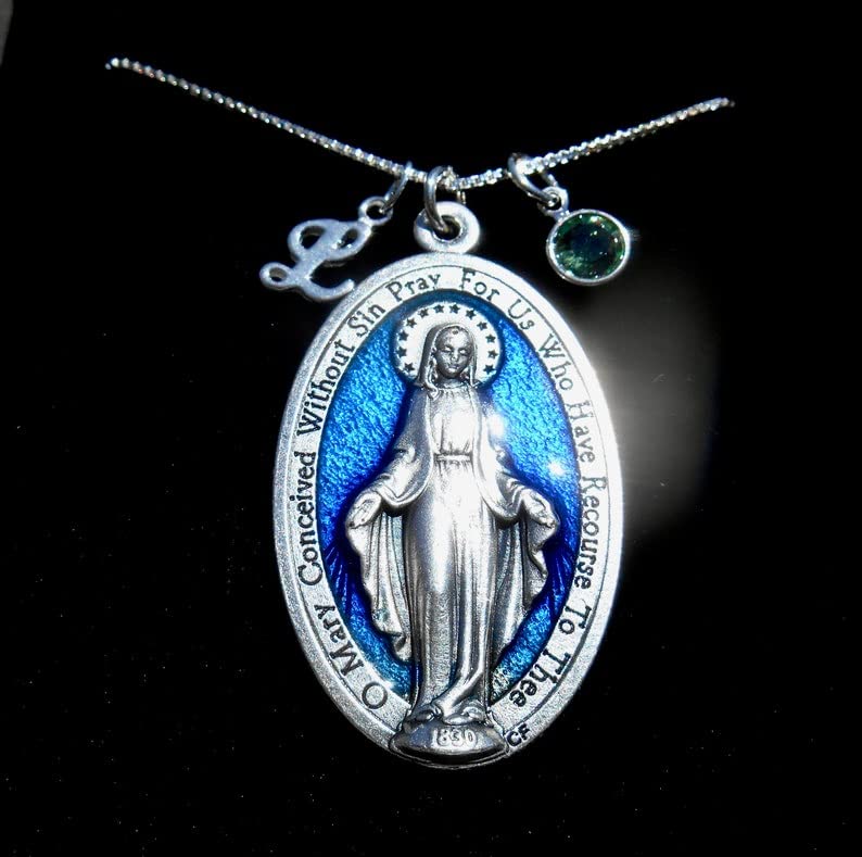 Miniatura 2 de Virgin Mary Miraculous Medal, EXTRA Large 1.75 INCH, Virgin Mary Medallion, Confirmation, Cross, XL Blue Miraculous Medal, Sterling Silver Chain