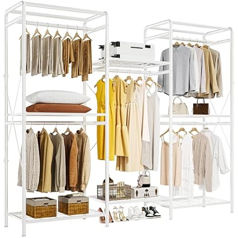 JOISCOPE Wardrobe Closet Organizer, Heavy Duty Clothes Rack, Closet System with 5 Closet Rods & 6 Closet Shelves, Adjustable Clothing Racks for Hanging Clothes & Clothing Storage, 75.2''×67.7'', White Cover