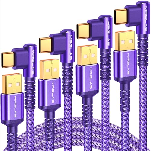 Image of MRGLAS 3.2A USB C Charger Cable, [4-Pack,10+6.6+3.3+1.6FT] USB A to USB C Right Angle Gold-Plated Type C Charger Fast Charge Durable Braided Cord for iPhone 17 16 15 Samsung S10 Note 10 S21 LG-Purple