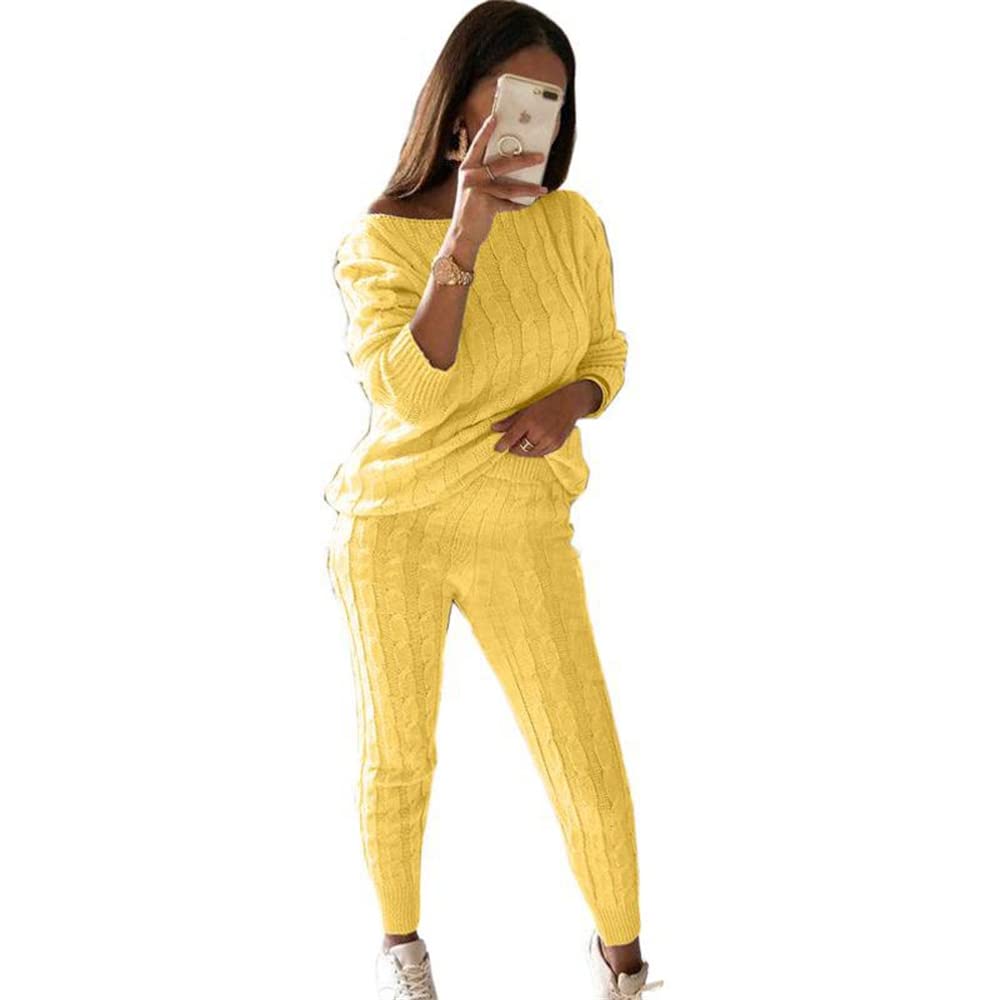 Tuta Donna Completo Sportivo 2 Pezzi Felpa senza Cappuccio e Pantaloni Casuale Tute in Maglia Abbigliamento Casa Sportivo Felpe Pigiama Invernale Pullover Top Caldo Maglione