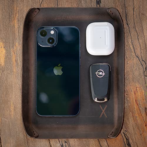 Masaüstü Organizer; Toplayıcı, Hakiki Deri Vale Tepsisi, Telefon pedi, Deri Sümen, Deri Pad, Deri Kase, Zarf ve Mektup Tepsisi, vallet tray, catch it all tray, leather (Kestane, Koyu Kahverengi)