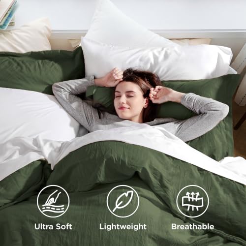 Image of Bedsure Prewashed Duvet Cover Full, Cotton-Like Bedding Set, Olive Green | Ultra Soft, Relaxed Texture, 80 inchx90 inch Breathable Comfort, Hidden Zipper, 8 Corner Ties, Easy Care, OEKO-TEX, Year-Round Use