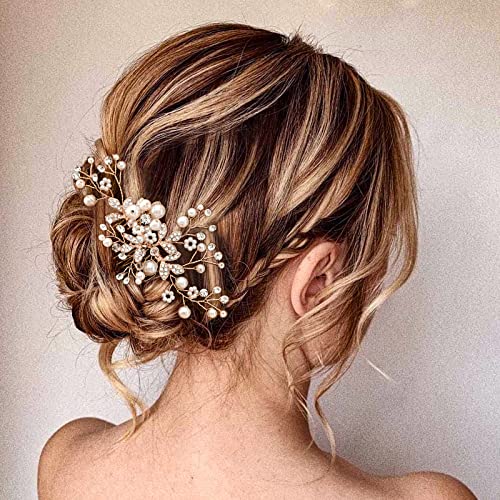 Sooshin Wedding Hair Comb, Pearl Crystal Rhinestone Bridal Headpiece for Brides, Women and Girls (E-gold, 4.53*2.76 inches, Adjustable Alloy Wire, Curly Hair)