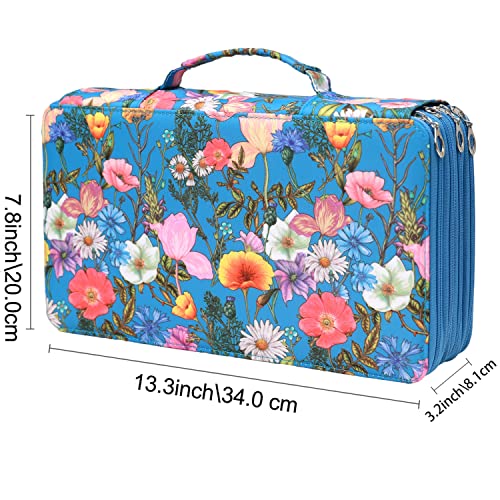 Image of Colored Pencil Case - Large Capacity Colored Pencil Holder with Zipper Closure Twill Fabric Pencil Case for 300 Colored Pencils or 200 Gel Pen, Pencil Case Organizer for Artist (Blue Flower)