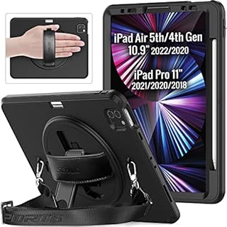 SEYMAC iPad Air 5 Generation 2022, iPad Air 4th 2020 , Pro 11 2021/2020/2018 Case, Shockproof Case with Screen Protector, Rotating Stand /Hand Strap, Carrying Strap, Pencil Holder, 10.9 Inch, Black