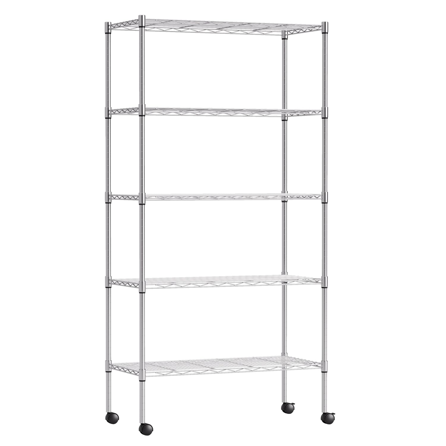 BestOffice | 5-Tier Wire Storage Shelves with Wheels | 14 x 30 x 61 | Chrome | with Adjustable Racks | Heavy-Duty Metal Shelf, Holds Upto 1250 lbs | No-Tool Assembly | Ideal for Home &amp; Garage Shelving