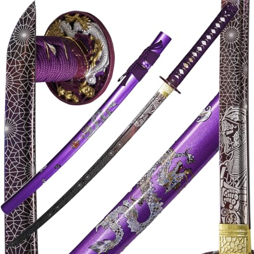 1045/1060Tempering high Carbon Steel Hademade Heat Tempered Full Handmade Hand Forged Authentic，Sword Real ，Japanese Katana Sword Full Tang,Functional,Practical ，Purple