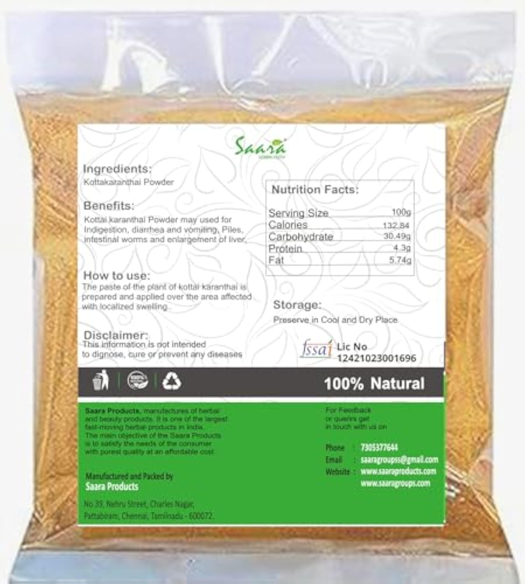 Saara Herbal Fresh Kottakaranthai Powder, 50 GM