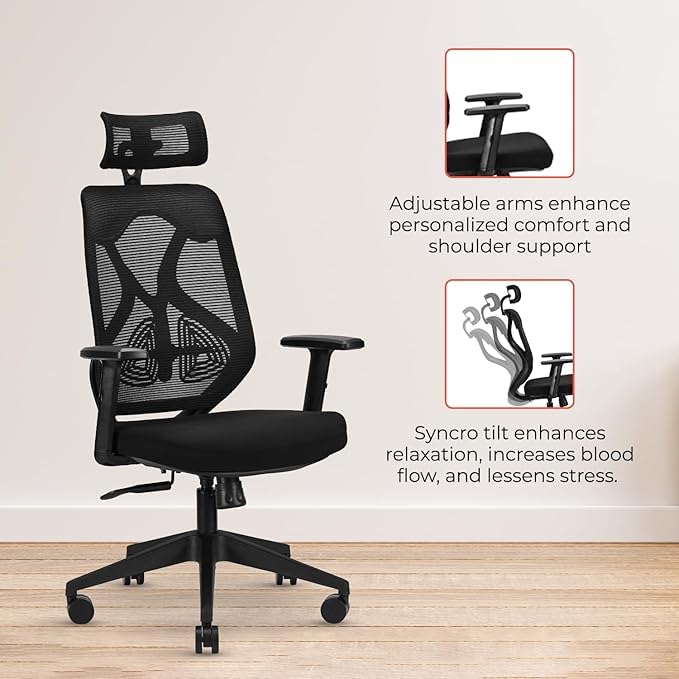 Image of IAFA FURNITURE Ergolux High Back Ergonomic Office & Study Chair | 3 Year Warranty | Adjustable Height, Tilt Lock, 2D Headrest, Adjustable Arms & Lumbar Support | Nylon Base | DIY | (Black)