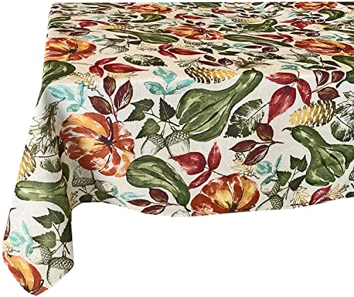 Newbridge Gourd Gathering Contemporary Autumn and Fall Fabric Tablecloth, Thanksgiving Pumpkin, Acorn and Leaf Print, Soil Resistant No Iron Easy Care Tablecloth, 60 Inch x 102 Inch Oblong/Rectangle