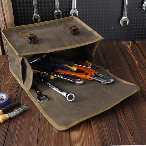 Canvas Tool Storage Bag - Portable Garden Tool Carrying Case with 3 Pockets + 2 Release Buckles, Multi-Purpose 16OZ Waxed Canvas Tool Tote Bag | 11.5"L x 6"W x 7.5"H | Grey - Thumbnail 4