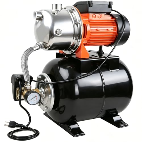 Ioboneed 1 HP Shallow Well Pump with Pressure Tank 1000 GPH Automatic Irrigation Water Booster Pump with 130 ft Head Lift 20/40 PSI Pressure Switch 304 Stainless Steel Pump Head for Home Garden Lawn