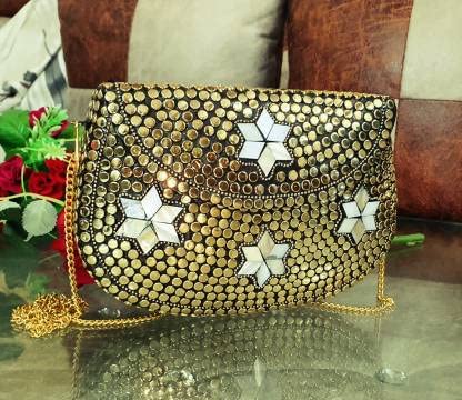 SHAKUNTLA VINTAGE Gold Clutch Metal Handmade Bag Golden Decorated with Sheep Stars-picture-24