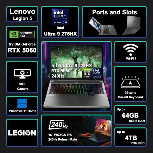 Image of Lenovo Legion 5 Gaming AI Laptop 16 inch WQXGA 2560x1600 240Hz (100% DCI-P3, 500nits) Intel 24-core Ultra 9 275HX 64GB RAM 1TB SSD GeForce RTX 5060 (Up to 572 AI Tops) RGB Backlit Harman Win11 ICP Hub