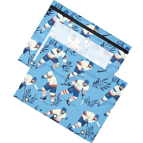 Boccsty Hockey Player Leaf Blue Binder Pouches Pencil Pouch 3 Hole Zipper Pen Case Bag Holder A4 Clear Window for Office School College Supplies
