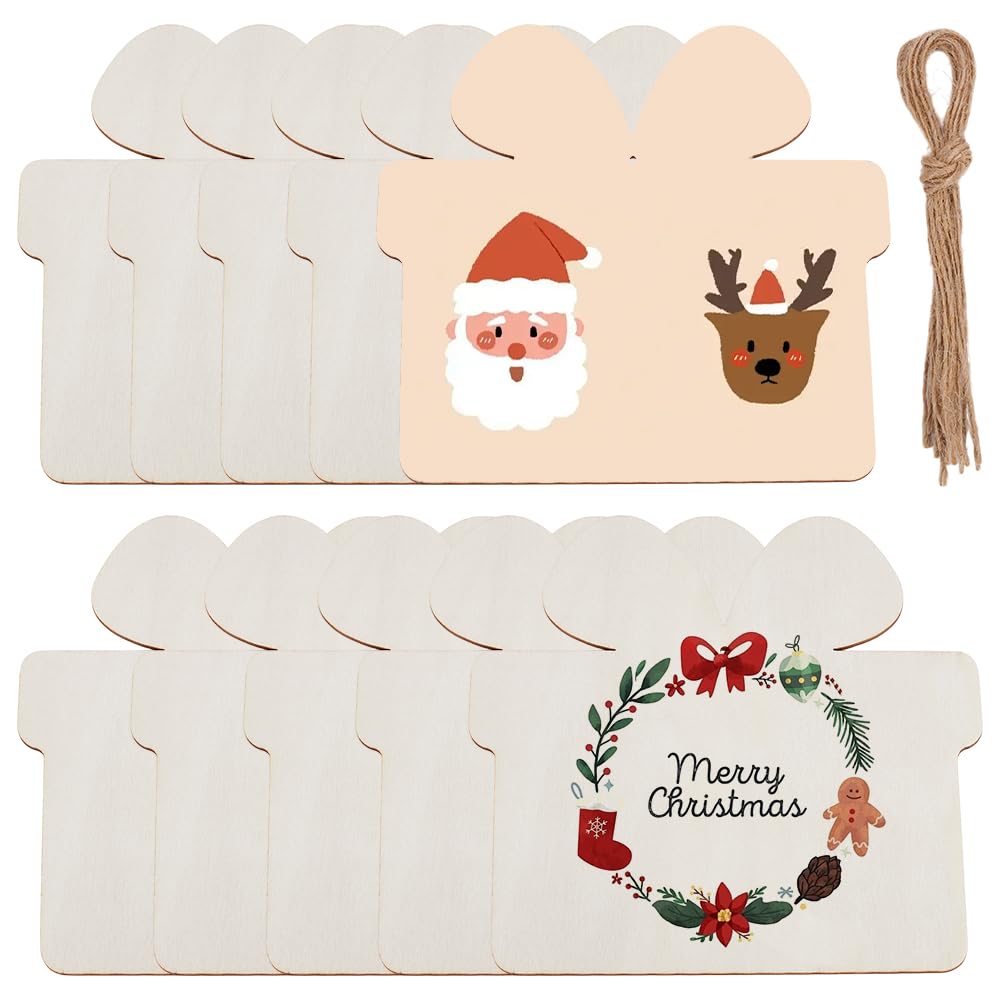 SOFPLATE 10Pcs 7 x 7 Inch Wooden Gift Box Ornament Christmas Wood Cutouts Unfinished Wood Blanks Slices with Ropes for DIY Arts Crafts Painting Home Birthday Party Favors Decoration Xmas Supplies