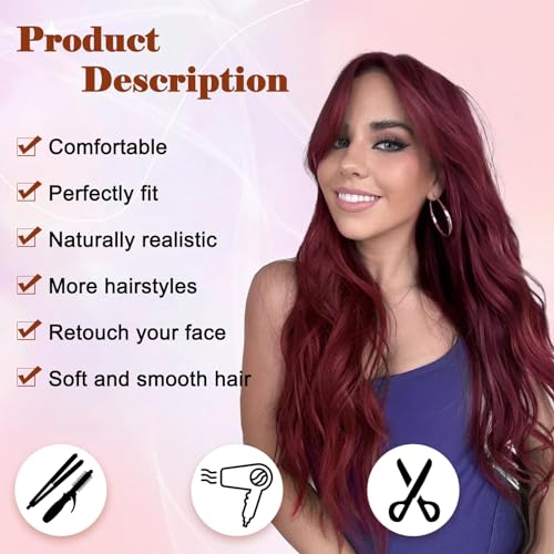 NAYOO Long Wine Red Wavy Wig for Women 26 Inch Middle Part Curly Wavy Wig Natural Looking Synthetic Heat Resistant Fiber(Wine Red)