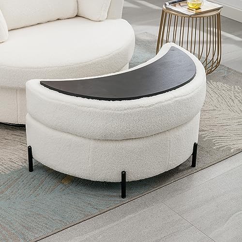HomSof 32.7" W Sherpa Upholstered Half Crescent Moon Storage Bench Large Ottoman with Tray Serve As Side Table Soft Padded Seat Dressing Shoe Bench Foot Rest for Living Room,Entryway,Hallway (Ivory) by HomSof - Image 3