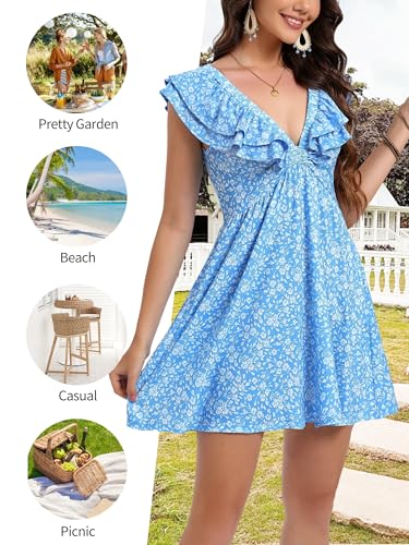 Image of Loemes Women Summer Cute Floral Deep V Neck Mini Dress Casual Ruffle Sleeveless High Waist Swing Beach Sundress with Pockets