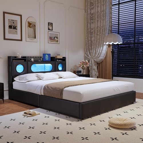 LIVLUX Lit Coffre 160 x 200 cm avec éclairage LED,Lit Double rembourré avec Sommier à Lattes et Rangement hydraulique,2 Personnes pour Adultes et...