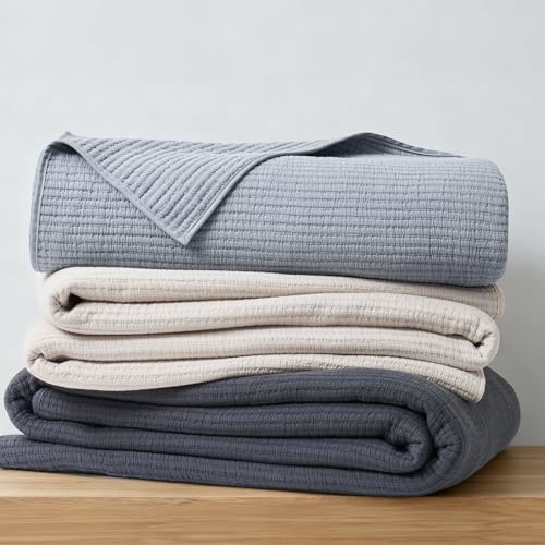 Image of EVERGRACEHOME Cotton Coverlet Set Full Queen Size 3 Pieces, Lightweight Soft Ribbed Matelasse Bedspread Quilt Set, Cozy Oversized Quilted Bedding Set with 2 Pillow Shams for All Seasons, Blue Linen