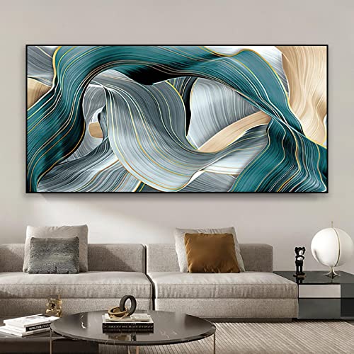 Peinture sur toile art abstrait moderne 50x100cm affiche murale salon bureau turquoise et or