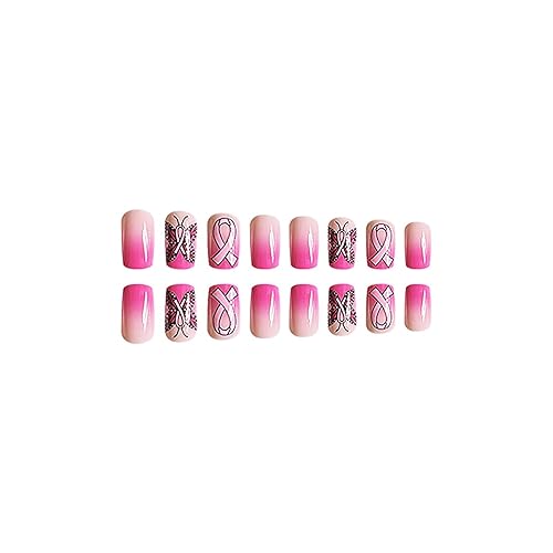 Miniatura 3 de Pink Ribbons Day - Uñas postizas artificiales, 24 unidades, color rosa, cortas, con diseños de cinta de mariposa, cobertura completa, brillante,