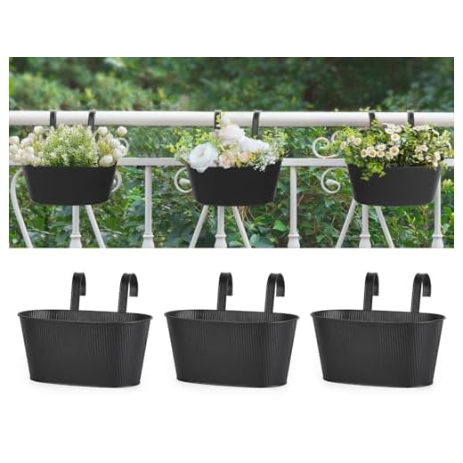 Mkono Metal Railing Planter Box 3 Pack Balcony Hanging Planter for Outdoor Plants with Detachable Hooks and Drain Holes Fence Planters for Any Balcony, Porch or Deck (3, Small)