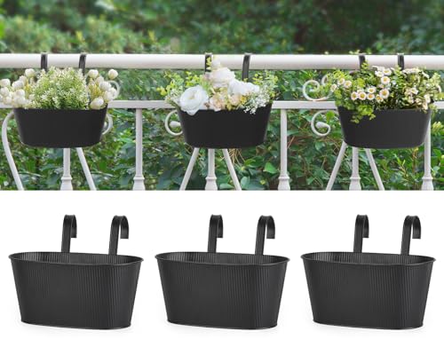 Mkono Metal Railing Planter Box 3 Pack Balcony Hanging Planter for Outdoor Plants with Detachable Hooks and Drain Holes Fence Planters for Any Balcony, Porch or Deck (3, Small) by Mkono - Used condition - US$18.99