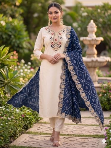 Image of Elegant Ethnic Kurta Set with Heavy Bandhani Embroidered Dupatta Festive & Occasion Ensemble for Women