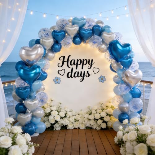 Image of Blue and Silver Heart Balloons Party Decoration, Heart Shaped Foil and Latex Balloon Ocean Decorations Set for Boys Men Happy Birthday Party, Graduation, Baby Shower, Valentines, Wedding, Anniversary