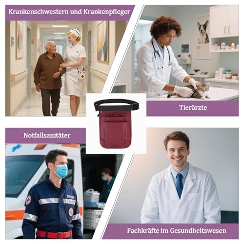 Krankenschwester Tasche, Arbeitstasche Damen Gürteltasche Arbeit, Krankenschwester Gürtel Tasche, Verstellbarer Hüftgurt mit Mehreren Fächern, für Schere Pflegeset (1 burgunderrot, M)